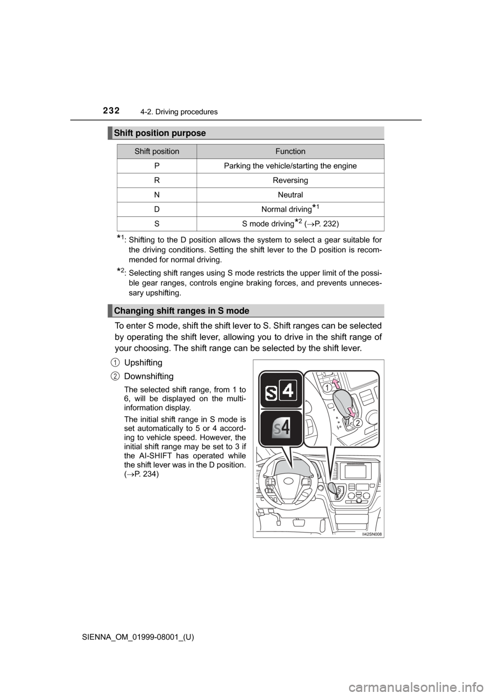 TOYOTA SIENNA 2015 XL30 / 3.G Owners Manual 232
SIENNA_OM_01999-08001_(U)
4-2. Driving procedures
*1: Shifting to the D position allows the system to select a gear suitable forthe driving conditions. Setting the shift lever TOYOTA SIENNA 2015 XL30 / 3.G Owners Manual 232
SIENNA_OM_01999-08001_(U)
4-2. Driving procedures
*1: Shifting to the D position allows the system to select a gear suitable forthe driving conditions. Setting the shift lever