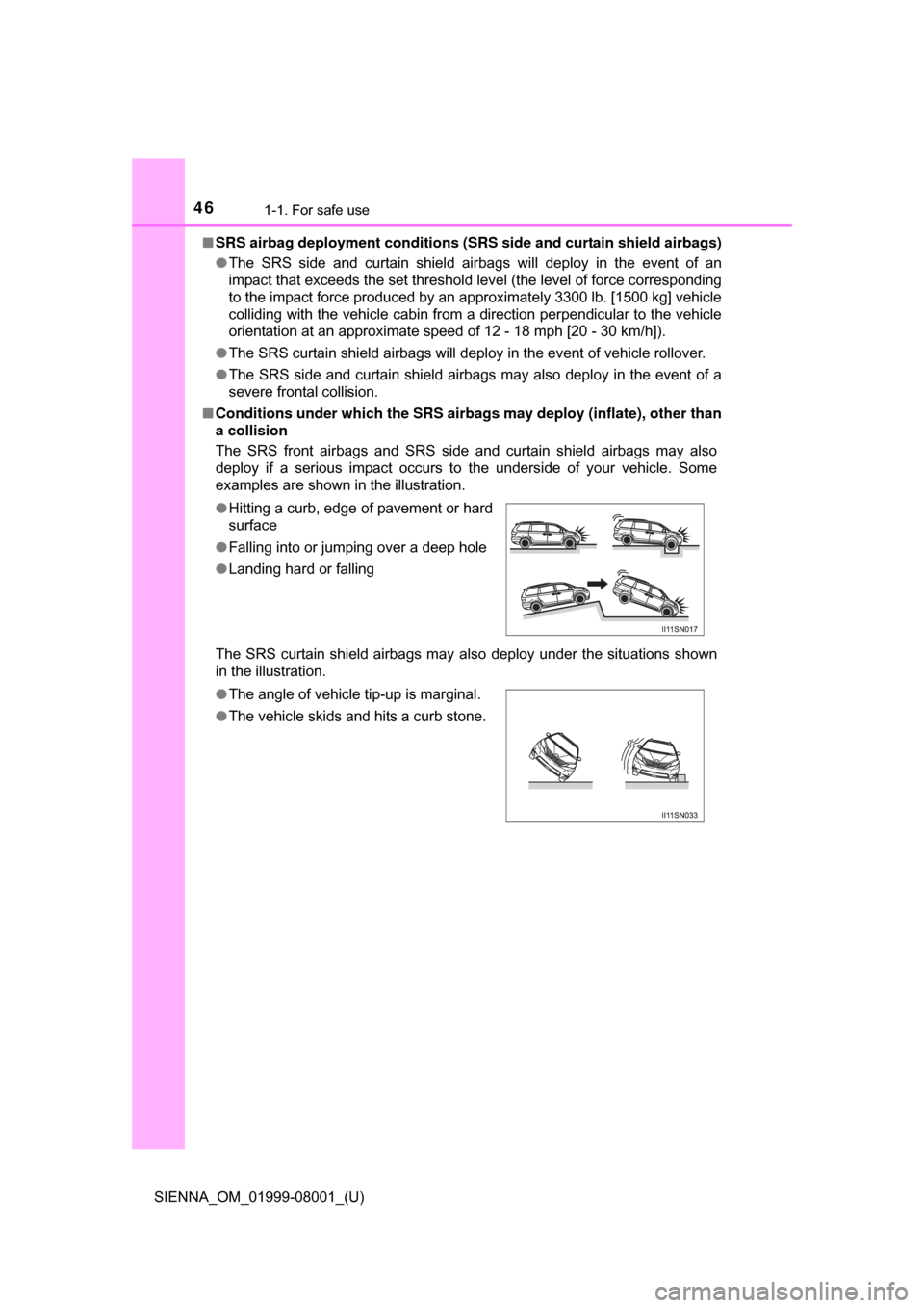 TOYOTA SIENNA 2015 XL30 / 3.G Service Manual 461-1. For safe use
SIENNA_OM_01999-08001_(U)■
SRS airbag deployment conditions (SRS side and curtain shield airbags)
● The SRS side and curtain shield airbags will deploy in the event TOYOTA SIENNA 2015 XL30 / 3.G Service Manual 461-1. For safe use
SIENNA_OM_01999-08001_(U)■
SRS airbag deployment conditions (SRS side and curtain shield airbags)
● The SRS side and curtain shield airbags will deploy in the event