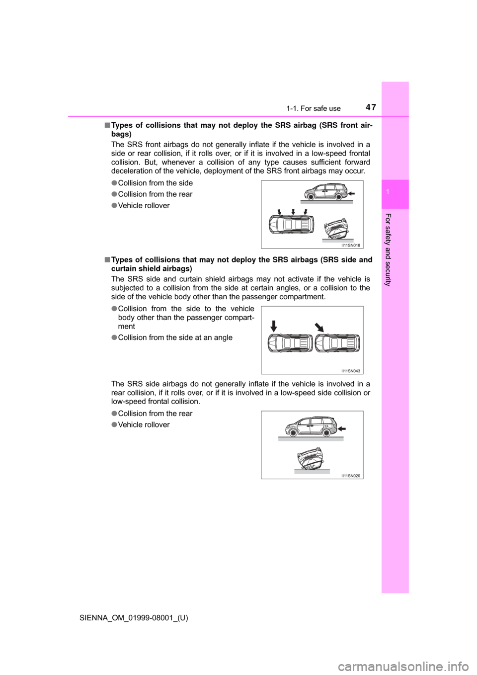 TOYOTA SIENNA 2015 XL30 / 3.G Service Manual 471-1. For safe use
SIENNA_OM_01999-08001_(U)
1
For safety and security
■Types of collisions that may not de ploy the SRS airbag (SRS front air-
bags)
The  SRS  front  airbags  do  not  generally  i