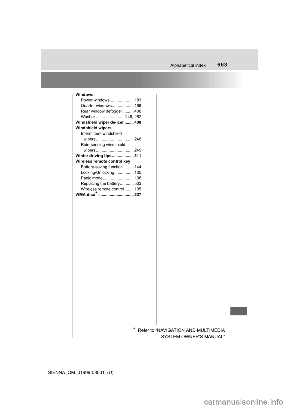TOYOTA SIENNA 2015 XL30 / 3.G Owners Manual 663Alphabetical index
SIENNA_OM_01999-08001_(U)
WindowsPower windows ..................... 183
Quarter windows ................... 186
Rear window defogger .......... 408
Washer ......................