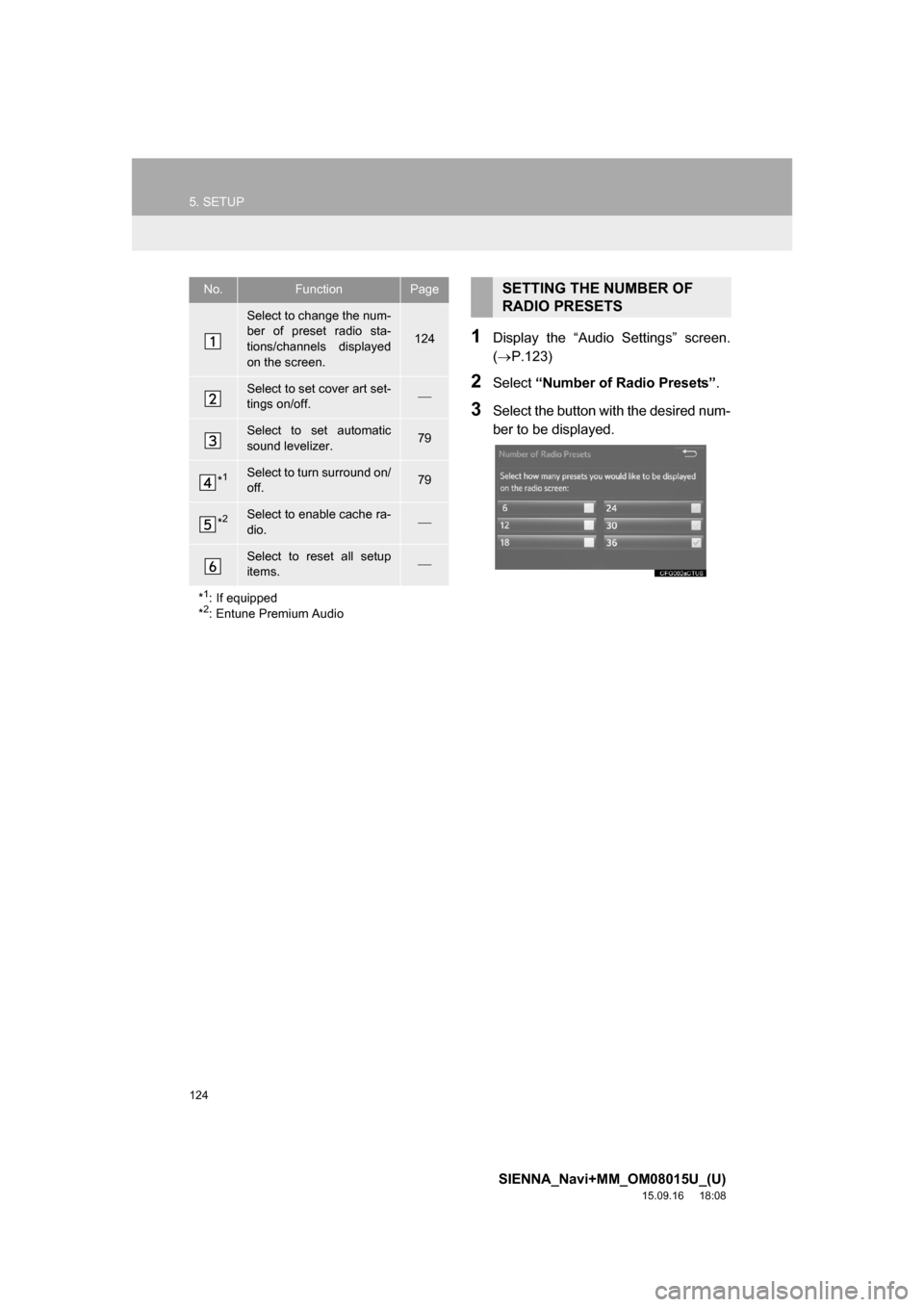 TOYOTA SIENNA 2016 XL30 / 3.G Navigation Manual 124
5. SETUP
SIENNA_Navi+MM_OM08015U_(U)
15.09.16 18:08
1Display the “Audio Settings” screen.
(P.123)
2Select “Number of Radio Presets”.
3Select the button with the desired num-
ber to TOYOTA SIENNA 2016 XL30 / 3.G Navigation Manual 124
5. SETUP
SIENNA_Navi+MM_OM08015U_(U)
15.09.16 18:08
1Display the “Audio Settings” screen.
(P.123)
2Select “Number of Radio Presets”.
3Select the button with the desired num-
ber to