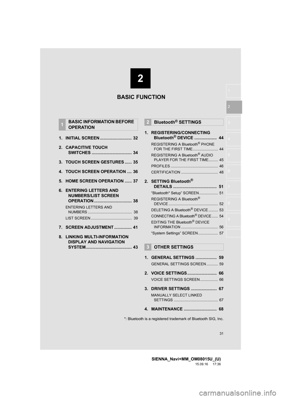 TOYOTA SIENNA 2016 XL30 / 3.G Navigation Manual 2
31
SIENNA_Navi+MM_OM08015U_(U)
15.09.16 17:36
1
2
3
4
5
6
7
8
9
1. INITIAL SCREEN ........................... 32
2. CAPACITIVE TOUCH
SWITCHES .................................. 34
3. TOUCH SCRE TOYOTA SIENNA 2016 XL30 / 3.G Navigation Manual 2
31
SIENNA_Navi+MM_OM08015U_(U)
15.09.16 17:36
1
2
3
4
5
6
7
8
9
1. INITIAL SCREEN ........................... 32
2. CAPACITIVE TOUCH
SWITCHES .................................. 34
3. TOUCH SCRE