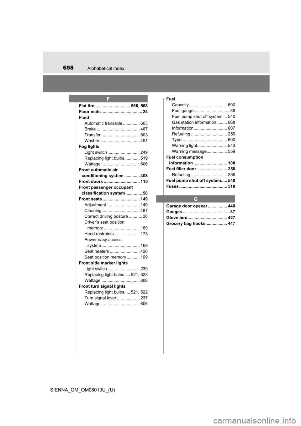 TOYOTA SIENNA 2016 XL30 / 3.G Owners Manual 658Alphabetical index
SIENNA_OM_OM08013U_(U)
Flat tire.............................. 566, 568
Floor mats .................................. 24
FluidAutomatic transaxle .............. 603
Brake .......