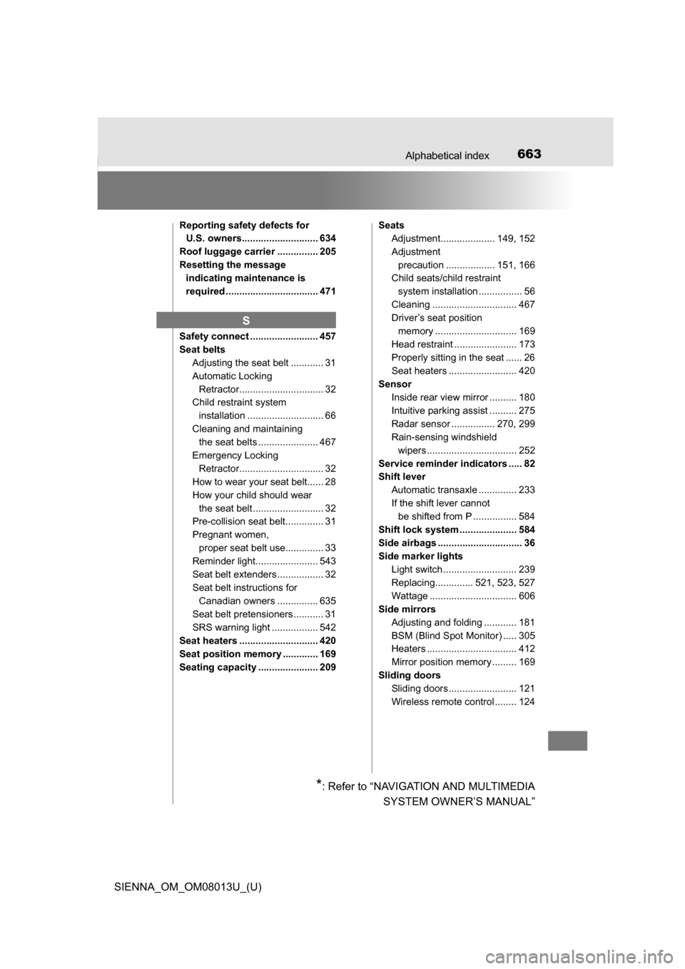 TOYOTA SIENNA 2016 XL30 / 3.G Owners Manual 663Alphabetical index
SIENNA_OM_OM08013U_(U)
Reporting safety defects for U.S. owners............................ 634
Roof luggage carrier ............... 205
Resetting the message indicating mainten TOYOTA SIENNA 2016 XL30 / 3.G Owners Manual 663Alphabetical index
SIENNA_OM_OM08013U_(U)
Reporting safety defects for U.S. owners............................ 634
Roof luggage carrier ............... 205
Resetting the message indicating mainten