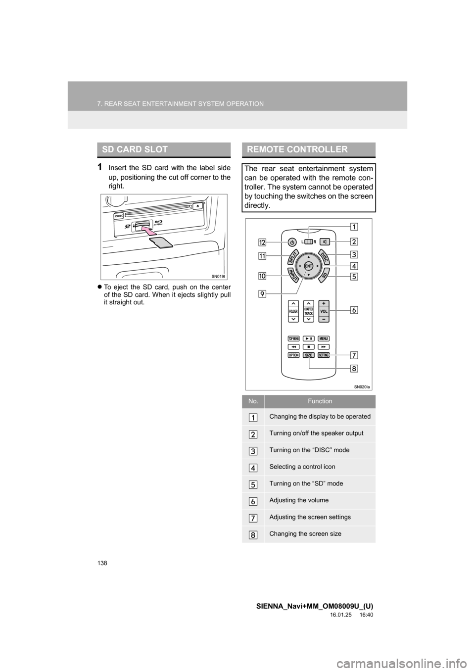 TOYOTA SIENNA 2017 XL30 / 3.G Navigation Manual 138
7. REAR SEAT ENTERTAINMENT SYSTEM OPERATION
SIENNA_Navi+MM_OM08009U_(U)
16.01.25     16:40
1Insert the SD card with the label side
up, positioning the cut off corner to the
right.
To eject the 