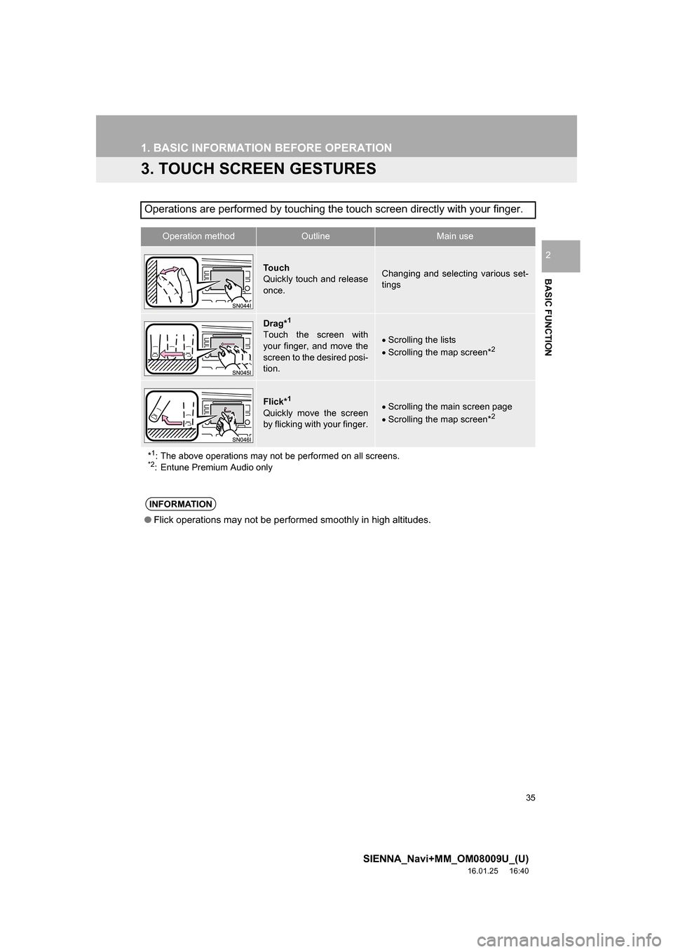 TOYOTA SIENNA 2017 XL30 / 3.G Navigation Manual 35
1. BASIC INFORMATION BEFORE OPERATION
SIENNA_Navi+MM_OM08009U_(U)
16.01.25     16:40
BASIC FUNCTION
2
3. TOUCH SCREEN GESTURES
Operations are performed by touching the touch screen directly with yo
