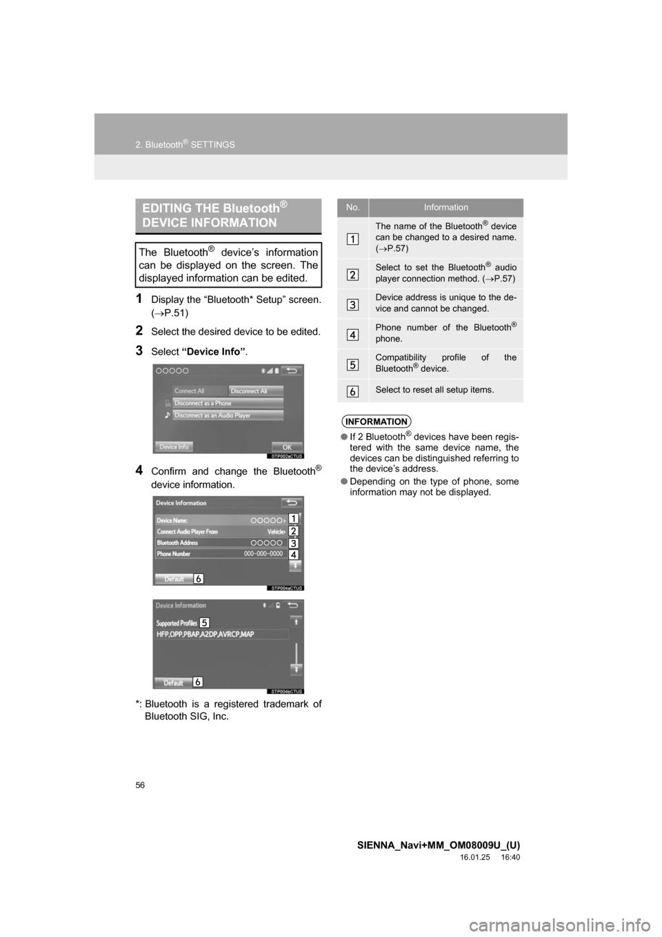 TOYOTA SIENNA 2017 XL30 / 3.G Navigation Manual 56
2. Bluetooth® SETTINGS
SIENNA_Navi+MM_OM08009U_(U)
16.01.25     16:40
1Display the “Bluetooth* Setup” screen.
(P.51)
2Select the desired device to be edited.
3Select “Device Info” .
4Co