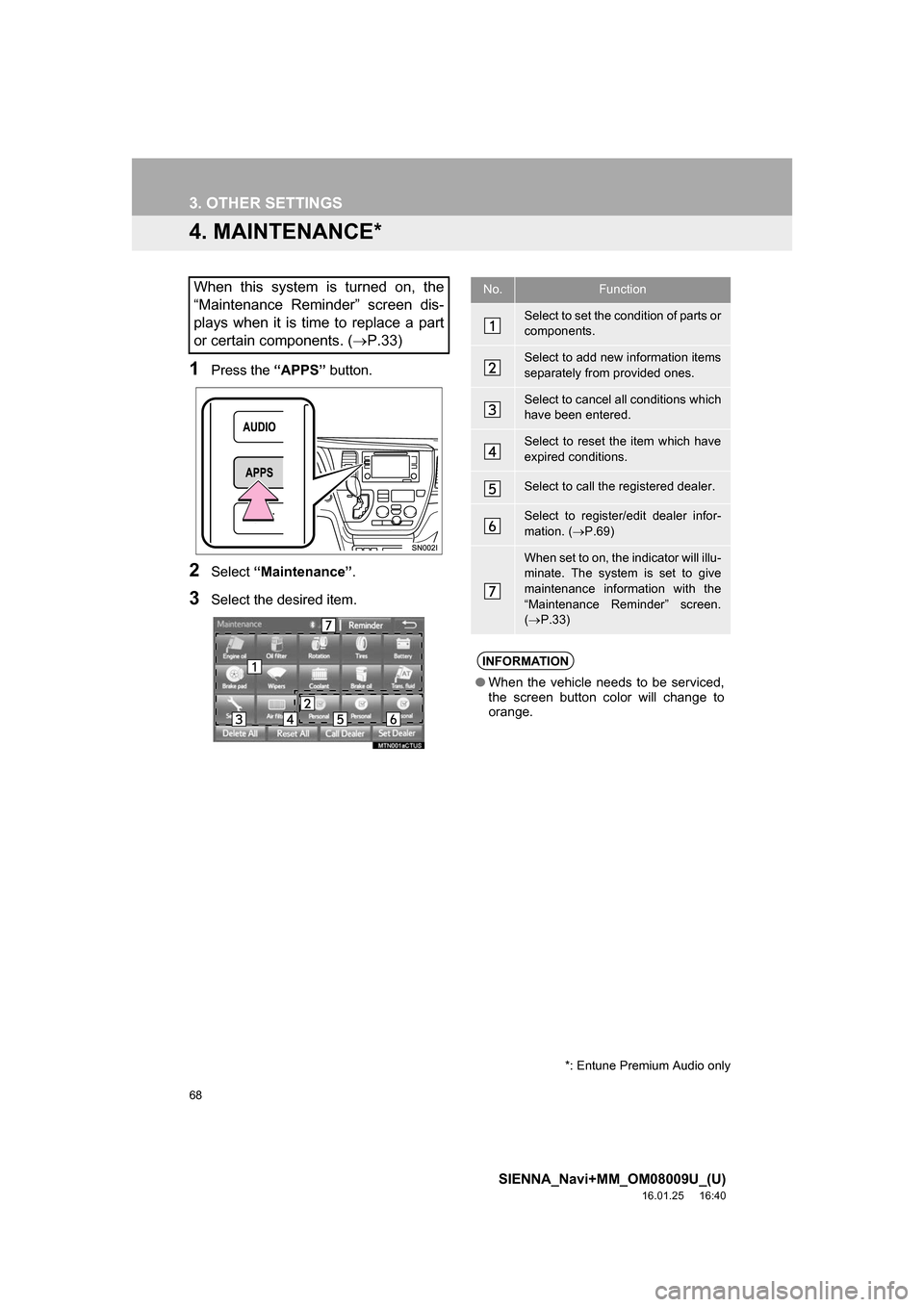 TOYOTA SIENNA 2017 XL30 / 3.G Navigation Manual 68
3. OTHER SETTINGS
SIENNA_Navi+MM_OM08009U_(U)
16.01.25     16:40
4. MAINTENANCE*
1Press the “APPS” button.
2Select “Maintenance” .
3Select the desired item.
When this system is turned on, t