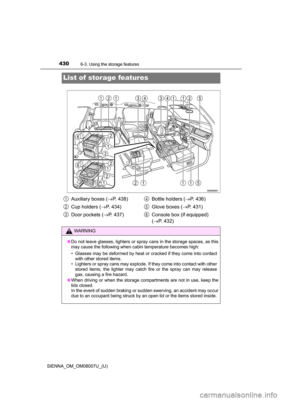 TOYOTA SIENNA 2017 XL30 / 3.G Owners Manual 430
SIENNA_OM_OM08007U_(U)
6-3. Using the storage features
List of storage features
Auxiliary boxes ( P. 438)
Cup holders ( P. 434)
Door pockets ( P. 437) Bottle holders (
P. 436)
Glove bo