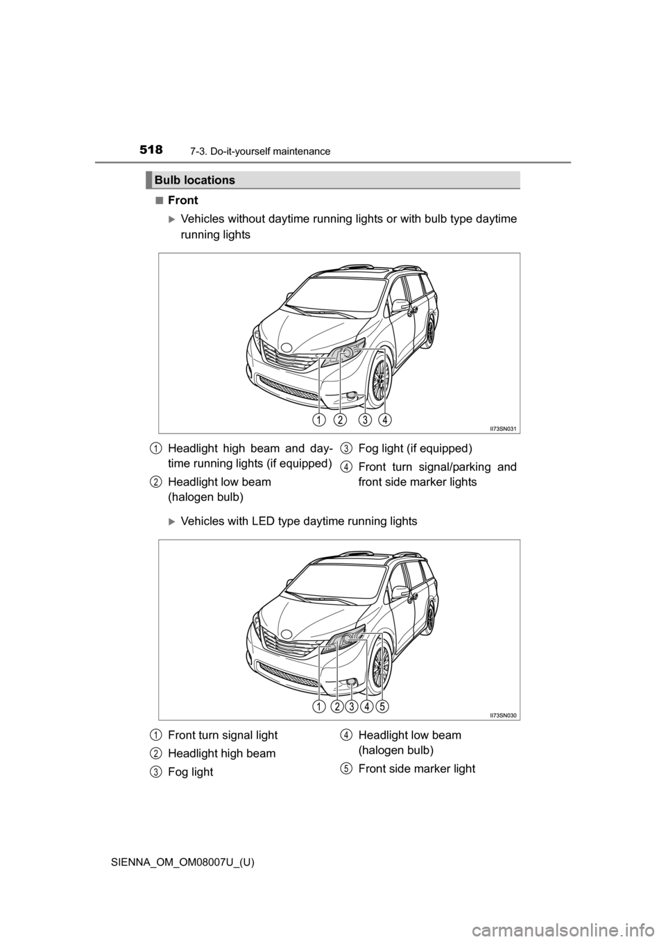 TOYOTA SIENNA 2017 XL30 / 3.G Owners Manual 518
SIENNA_OM_OM08007U_(U)
7-3. Do-it-yourself maintenance
■Front
Vehicles without daytime running lights or with bulb type daytime
running lights
Vehicles with LED type daytime running lights