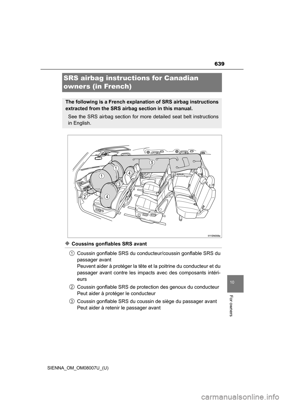 TOYOTA SIENNA 2017 XL30 / 3.G Owners Manual 639
SIENNA_OM_OM08007U_(U)
10
For owners
SRS airbag instructions for Canadian
owners (in French)
◆Coussins gonflables SRS avantCoussin gonflable SRS du conduc teur/coussin gonflable SRS du
passager TOYOTA SIENNA 2017 XL30 / 3.G Owners Manual 639
SIENNA_OM_OM08007U_(U)
10
For owners
SRS airbag instructions for Canadian
owners (in French)
◆Coussins gonflables SRS avantCoussin gonflable SRS du conduc teur/coussin gonflable SRS du
passager