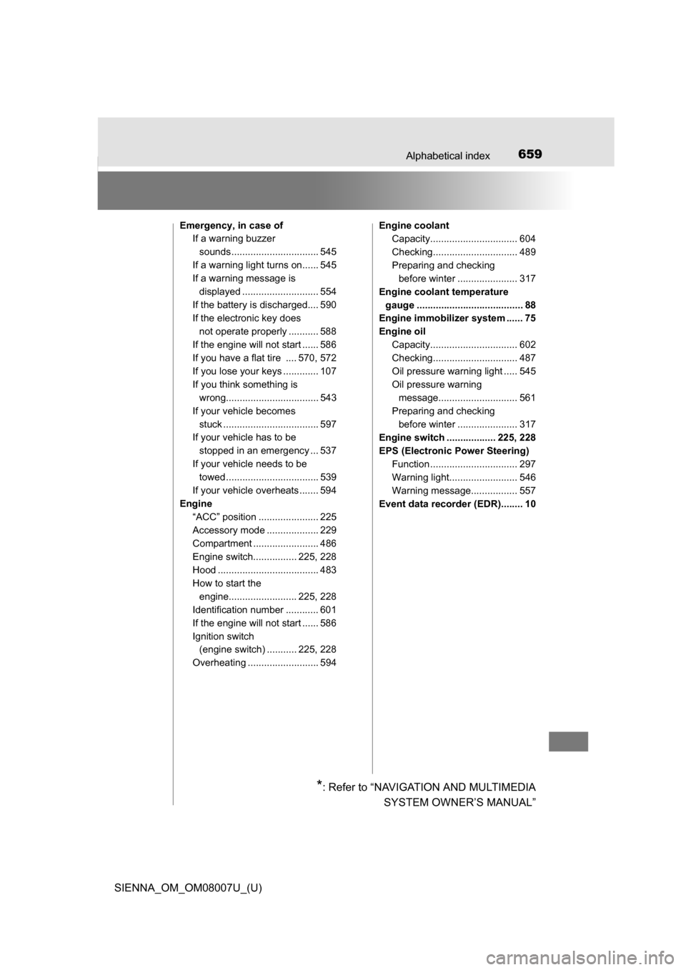 TOYOTA SIENNA 2017 XL30 / 3.G User Guide 659Alphabetical index
SIENNA_OM_OM08007U_(U)
Emergency, in case ofIf a warning buzzer 
sounds ................................ 545
If a warning light turns on...... 545
If a warning message is  displa