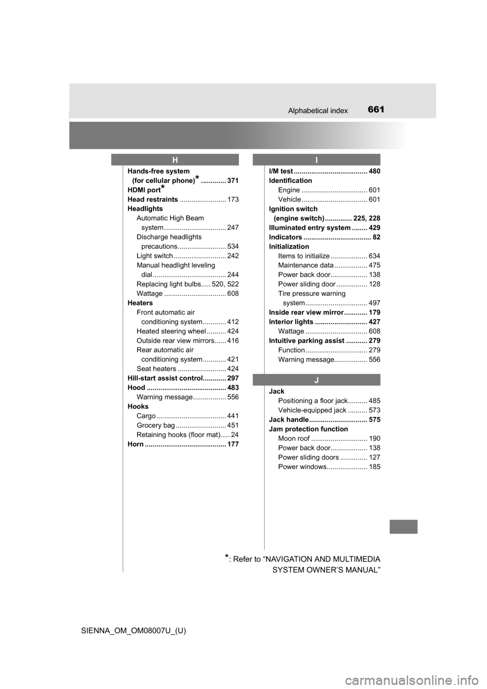 TOYOTA SIENNA 2017 XL30 / 3.G User Guide 661Alphabetical index
SIENNA_OM_OM08007U_(U)
Hands-free system (for cellular phone)
*............. 371
HDMI port
*
Head restraints ........................ 173
Headlights
Automatic High Beam system ..