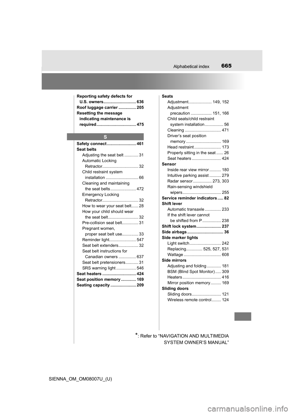 TOYOTA SIENNA 2017 XL30 / 3.G Owners Manual 665Alphabetical index
SIENNA_OM_OM08007U_(U)
Reporting safety defects for U.S. owners............................ 636
Roof luggage carrier ............... 205
Resetting the message  indicating mainten