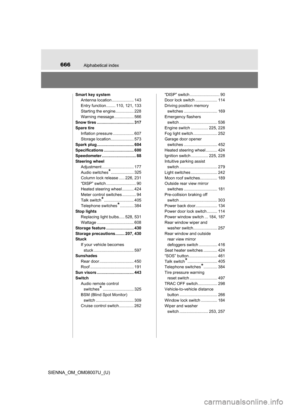 TOYOTA SIENNA 2017 XL30 / 3.G Owners Manual 666Alphabetical index
SIENNA_OM_OM08007U_(U)
Smart key systemAntenna location ................... 143
Entry function ........ 110, 121, 133
Starting the engine................ 228
Warning message ....