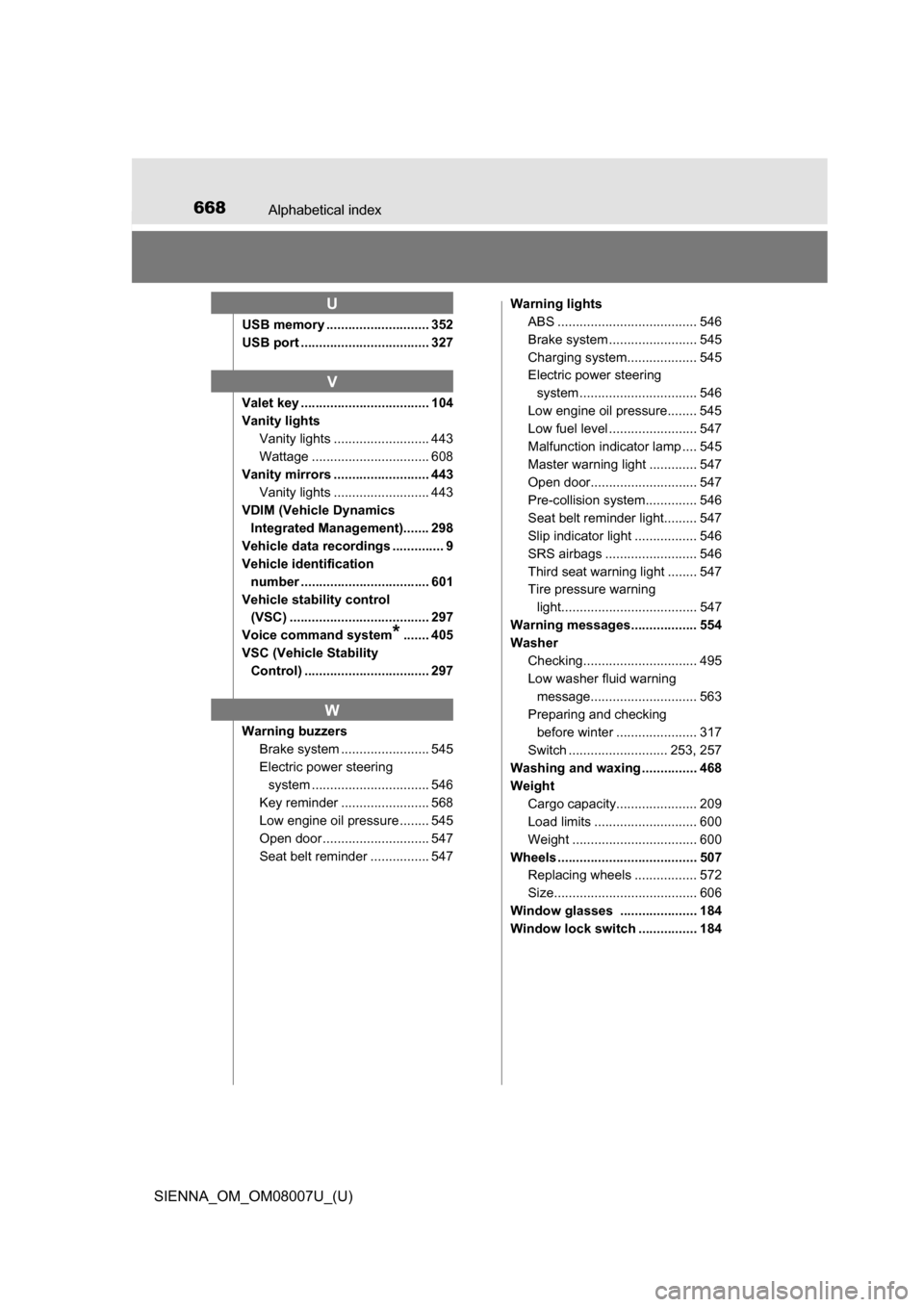 TOYOTA SIENNA 2017 XL30 / 3.G Owners Manual 668Alphabetical index
SIENNA_OM_OM08007U_(U)
USB memory ............................ 352
USB port ................................... 327
Valet key ................................... 104
Vanity light