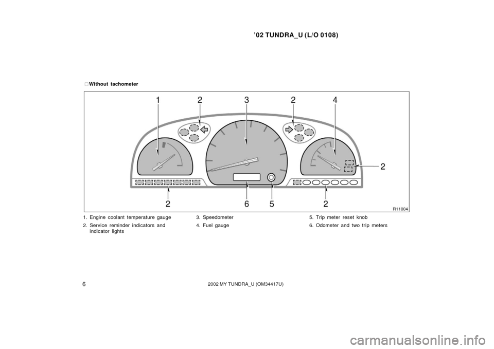 TOYOTA TUNDRA 2002 1.G Owners Manual ’02 TUNDRA_U (L/O 0108)
62002 MY TUNDRA_U (OM 34417U)
1. Engine coolant temperature gauge
2. Service reminder indicators and
indicator lights 3. Speedometer
4. Fuel gauge
5. Trip meter reset knob
6.