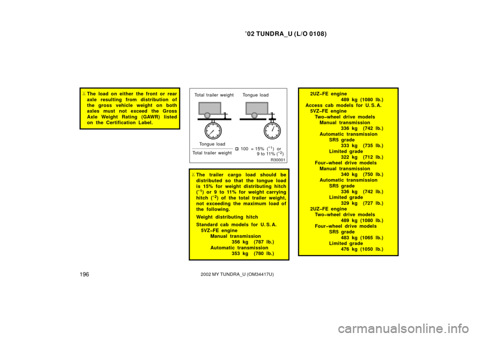 TOYOTA TUNDRA 2002 1.G Owners Manual ’02 TUNDRA_U (L/O 0108)
1962002 MY TUNDRA_U (OM 34417U)
The load on either the front or rear
axle resulting from distribution of
the gross vehicle weight on both
axles must not exceed the Gross
Axl