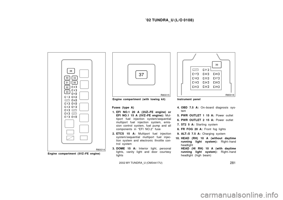 TOYOTA TUNDRA 2002 1.G Owners Manual ’02 TUNDRA_U (L/O 0108)
2812002 MY TUNDRA_U (OM 34417U)
Engine compartment (5VZ�FE engine)
Engine compartment (with towing kit)
Fuses (type A)
1. EFI NO.1 20 A (2UZ�FE engine) or EFI NO.1 15 A (5VZ�