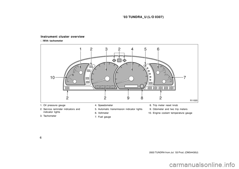 TOYOTA TUNDRA 2003 1.G Owners Manual ’03 TUNDRA_U (L/O 0307)
6
2003 TUNDRA from Jul. ’03 Prod. (OM 34430U)
1. Oil pressure gauge
2. Service reminder indicators and
indicator lights
3. Tachometer 4. Speedometer
5. Automatic transmissi