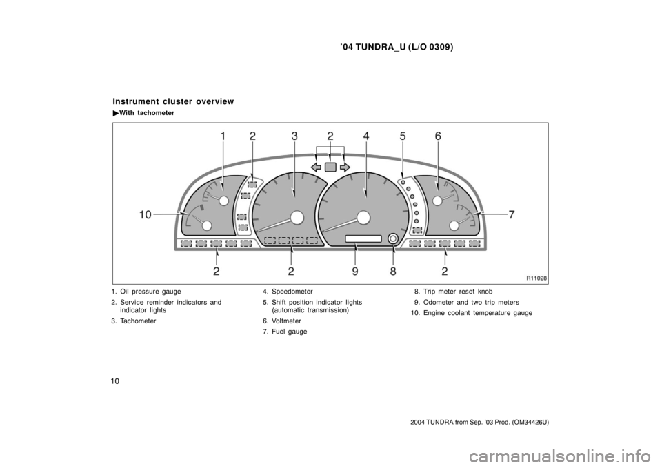 TOYOTA TUNDRA 2004 1.G Owners Manual ’04 TUNDRA_U (L/O 0309)
10
2004 TUNDRA from Sep. ’03 Prod. (OM34426U)
1. Oil pressure gauge
2. Service reminder indicators and
indicator lights
3. Tachometer 4. Speedometer
5. Shift position indic