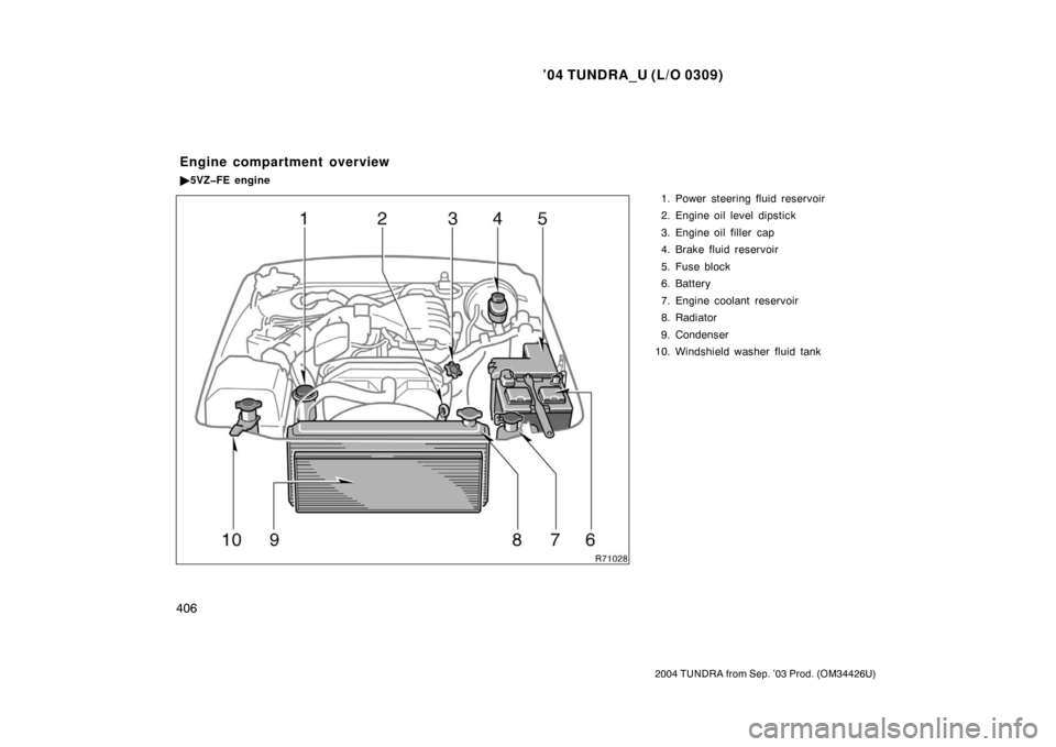 TOYOTA TUNDRA 2004 1.G Owners Manual ’04 TUNDRA_U (L/O 0309)
406
2004 TUNDRA from Sep. ’03 Prod. (OM34426U)
1. Power steering fluid reservoir
2. Engine oil level dipstick
3. Engine oil filler  cap
4. Brake fluid reservoir
5. Fuse blo