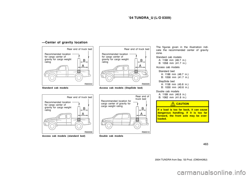 TOYOTA TUNDRA 2004 1.G Owners Manual ’04 TUNDRA_U (L/O 0309)
463
2004 TUNDRA from Sep. ’03 Prod. (OM34426U)
Rear end of truck bed
Recommended location
for cargo center of
gravity for cargo weight
rating
Standard cab models
Rear end o