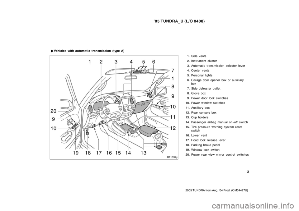 TOYOTA TUNDRA 2005 1.G Owners Manual ’05 TUNDRA_U (L/O 0408)
3
2005 TUNDRA from Aug. ’04 Prod. (OM34427U)
1. Side vents
2. Instrument cluster
3. Automatic transmission selector lever
4. Center vents
5. Personal lights
6. Garage door 