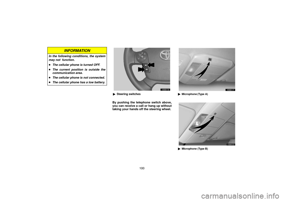 TOYOTA TUNDRA 2007 2.G Navigation Manual 100
INFORMATION
In the following conditions, the system
may not  function.
The cellular phone is turned OFF.
The current position is outside the
communication area.
The cellular phone is not connec