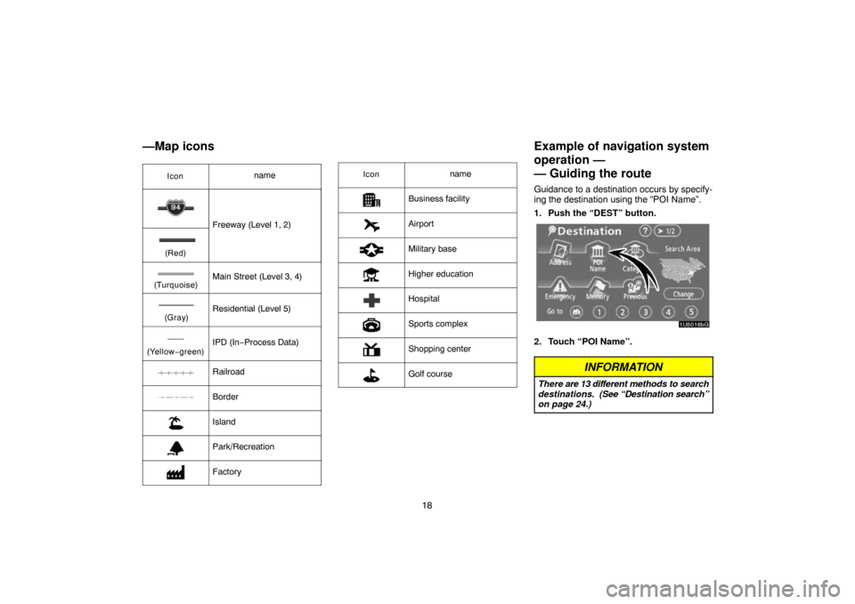 TOYOTA TUNDRA 2007 2.G Navigation Manual 18
—Map icons
Iconname
Freeway (Level 1, 2)
(Red)
(Turquoise)Main Street (Level 3, 4)
(Gray)Residential (Level 5)
(Yellow−green)IPD (In−Process Data)
Railroad
Border
Island
Park/Recreation
Facto