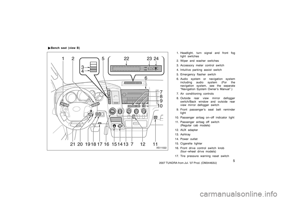 TOYOTA TUNDRA 2007 2.G User Guide 52007 TUNDRA from Jul. ’07 Prod. (OM34463U)
1. Headlight, turn signal and front foglight switches
2. Wiper and washer switches
3. Accessory meter control switch
4. Intuitive parking assist  switch
5