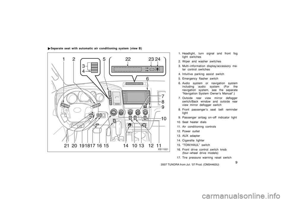 TOYOTA TUNDRA 2007 2.G Owners Manual 92007 TUNDRA from Jul. ’07 Prod. (OM34463U)
1. Headlight, turn signal and front foglight switches
2. Wiper and washer switches
3. Multi −information display/accessory me-
ter control switches
4. I