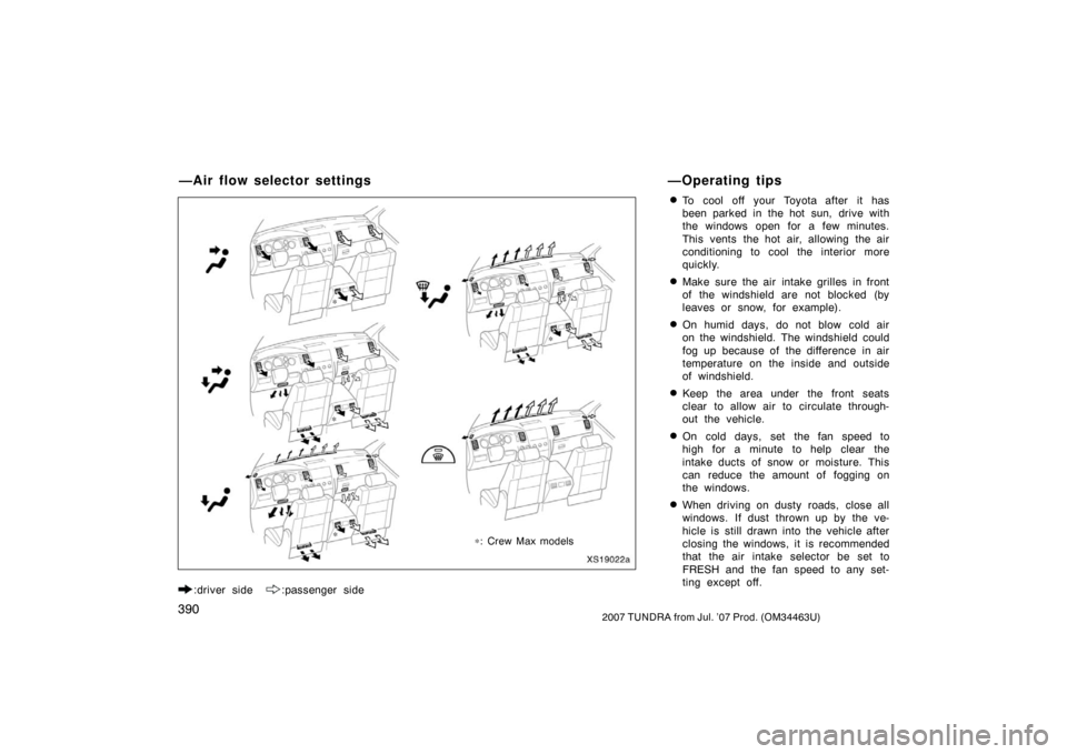 TOYOTA TUNDRA 2007 2.G Owners Manual 3902007 TUNDRA from Jul. ’07 Prod. (OM34463U)
:driver side  :passenger side
To cool off your Toyota after it has
been parked in the hot sun, drive with
the windows open for a few minutes.
This vent