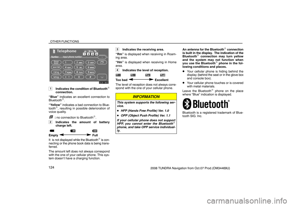 TOYOTA TUNDRA 2008 2.G Navigation Manual OTHER FUNCTIONS
1242008 TUNDRA Navigation from Oct.07 Prod.(OM34469U)
5U5135G
1Indicates the condition of Bluetooth
connection.
“Blue” indicates an excellent connection to
Bluetooth
.
“Yellow