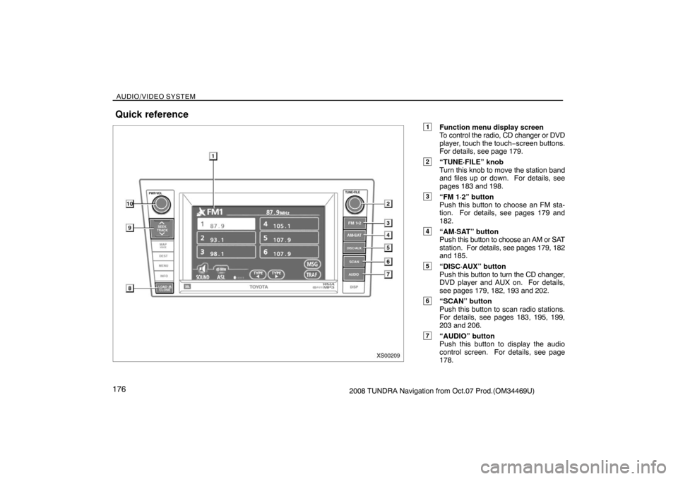 TOYOTA TUNDRA 2008 2.G Navigation Manual AUDIO/VIDEO SYSTEM
1762008 TUNDRA Navigation from Oct.07 Prod.(OM34469U)
1Function menu display screen
To control the radio, CD changer or DVD
player, touch the touch−screen buttons.
For details, se