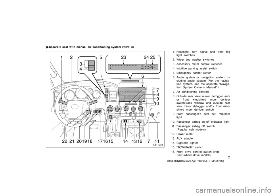 TOYOTA TUNDRA 2008 2.G User Guide 7
2008 TUNDRA from Apr. ’08 Prod. (OM 34477U)
1. Headlight, turn signal and front fog
light switches
2. Wiper and washer switches
3. Accessory meter control switches
4. Intuitive parking assist  swi