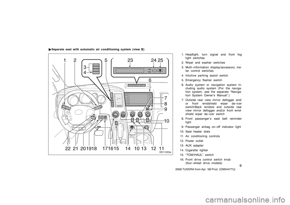 TOYOTA TUNDRA 2008 2.G User Guide 9
2008 TUNDRA from Apr. ’08 Prod. (OM 34477U)
1. Headlight, turn signal and front fog
light switches
2. Wiper and washer switches
3. Multi −information display/accessory me-
ter control switches
4