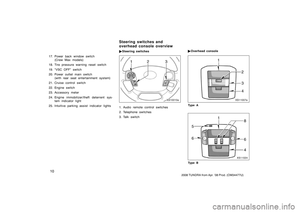 TOYOTA TUNDRA 2008 2.G Owners Manual 10
2008 TUNDRA from Apr. ’08 Prod. (OM 34477U)
17. Power back window switch 
(Crew Max models)
18. Tire pressure warning reset  switch
19. “VSC OFF” switch
20. Power outlet main switch (with rea