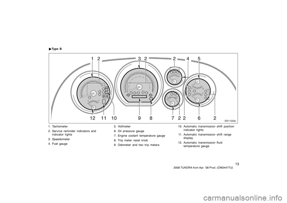 TOYOTA TUNDRA 2008 2.G Owners Manual 13
2008 TUNDRA from Apr. ’08 Prod. (OM 34477U)
XS11002c
1. Tachometer
2. Service reminder indicators and
indicator lights
3. Speedometer
4. Fuel gauge 5. Voltmeter
6. Oil pressure gauge
7. Engine co