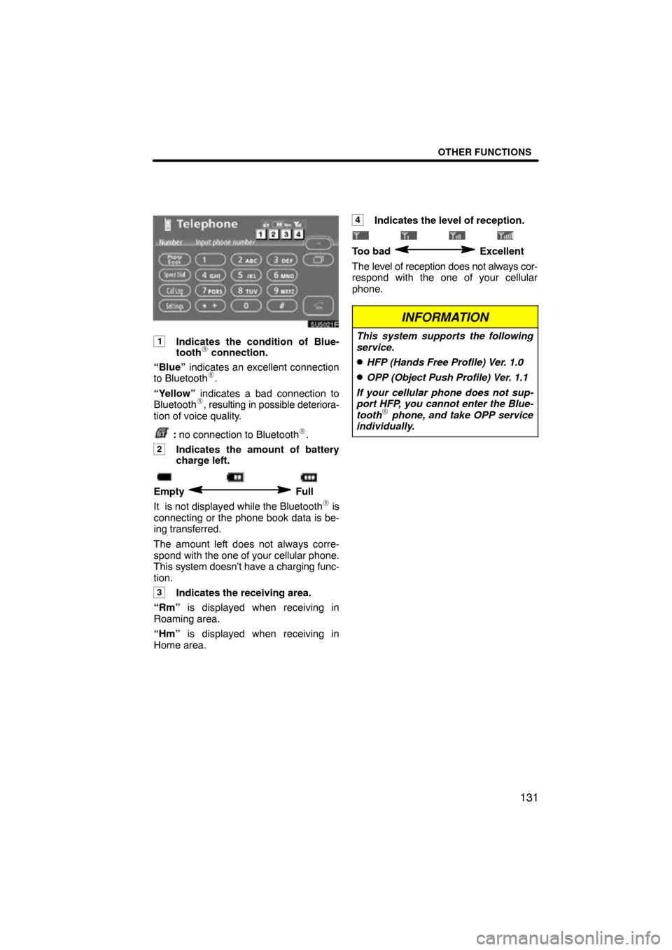 TOYOTA TUNDRA 2009 2.G Navigation Manual OTHER FUNCTIONS
131
5U5021F
1Indicates the condition of Blue-
tooth connection.
“Blue”  indicates an excellent connection
to Bluetooth
.
“Yellow”  indicates a bad connection to
Bluetooth
, 