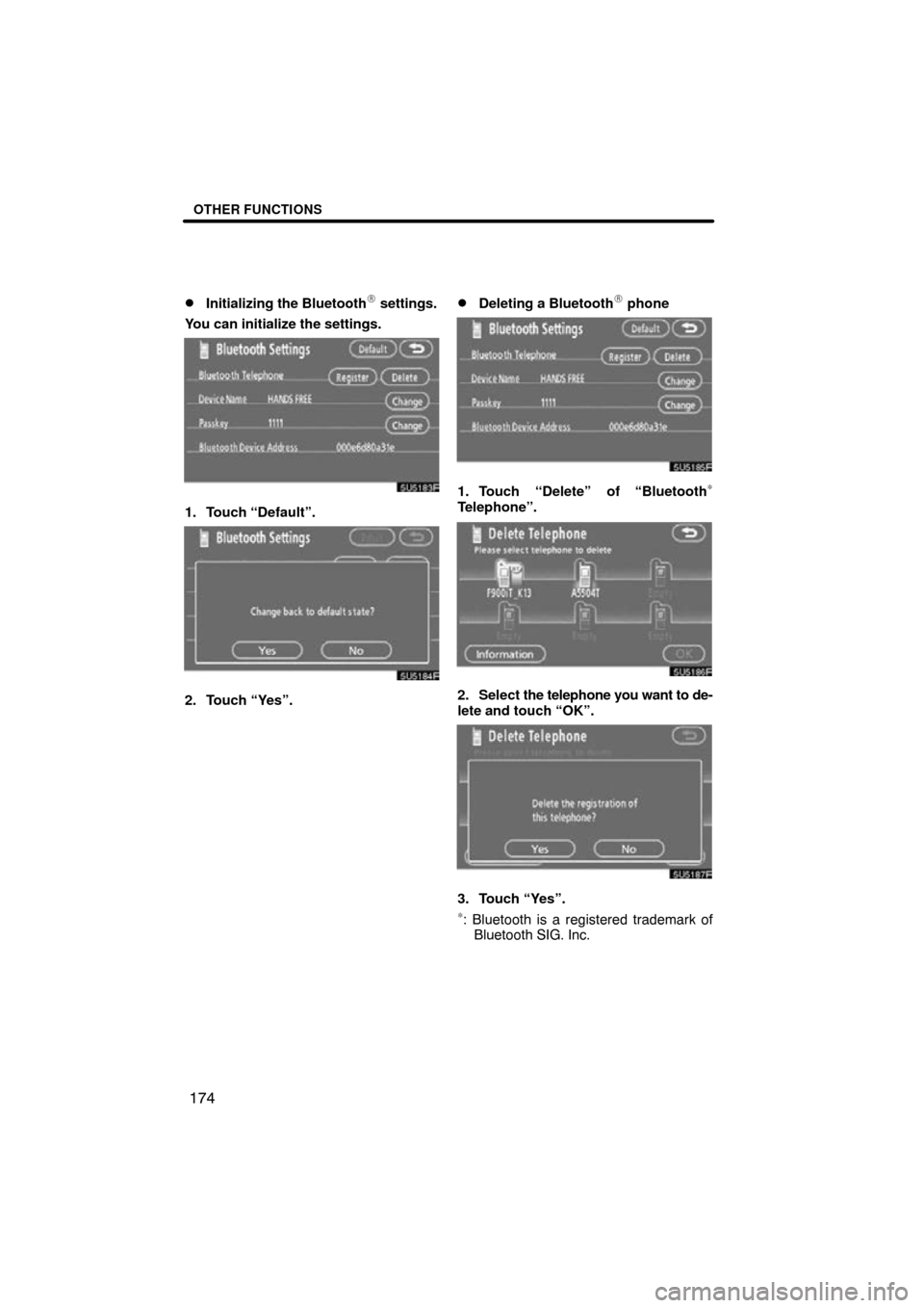 TOYOTA TUNDRA 2009 2.G Navigation Manual OTHER FUNCTIONS
174

Initializing the Bluetooth settings.
You can initialize the settings.
5U5183F
1. Touch “Default”.
5U5184F
2. Touch “Yes”.
Deleting a Bluetooth phone
5U5185F
1. Touch 