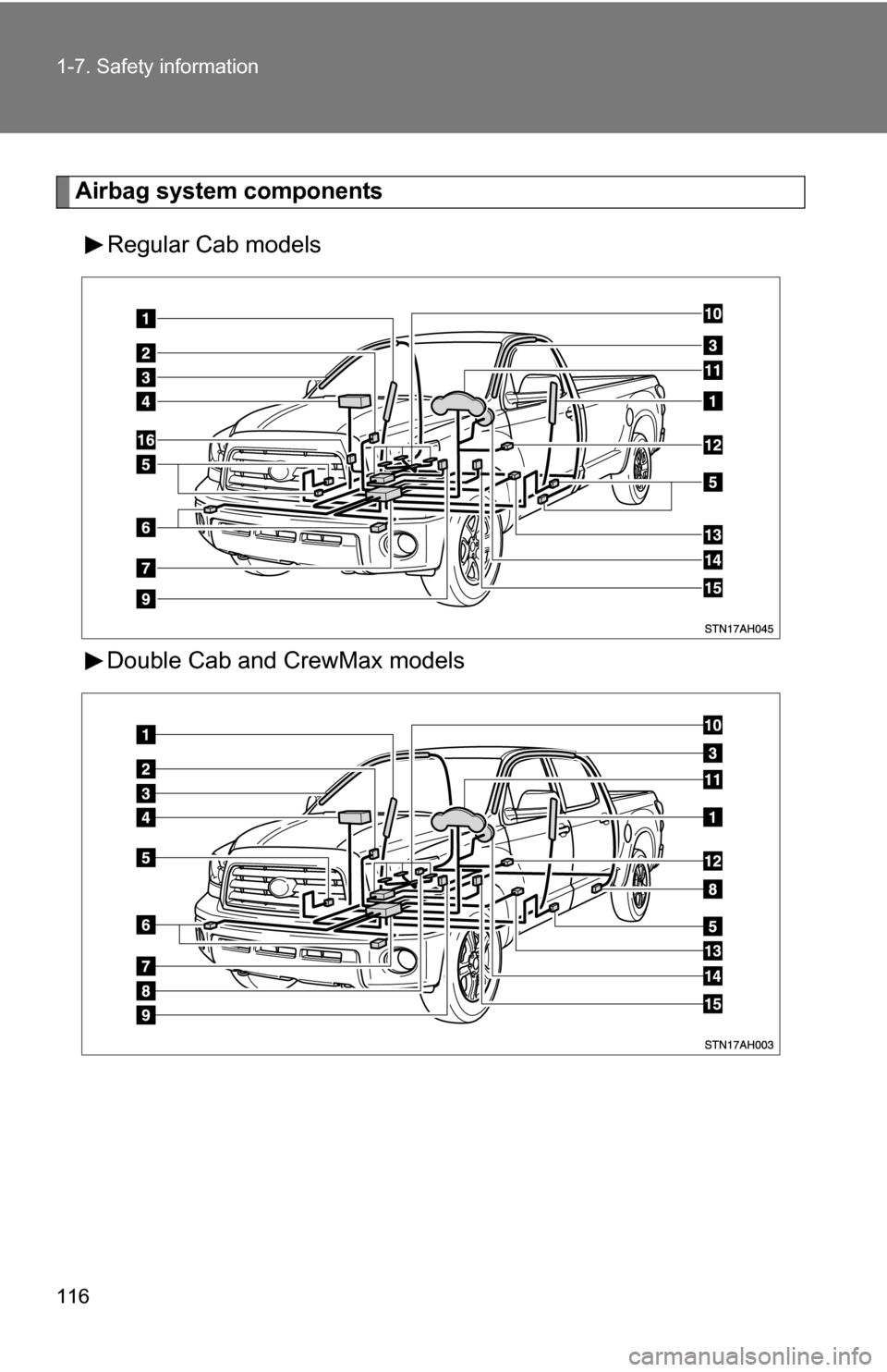 TOYOTA TUNDRA 2009 2.G Owners Manual 116 1-7. Safety information
Airbag system componentsRegular Cab models
Double Cab and CrewMax models 