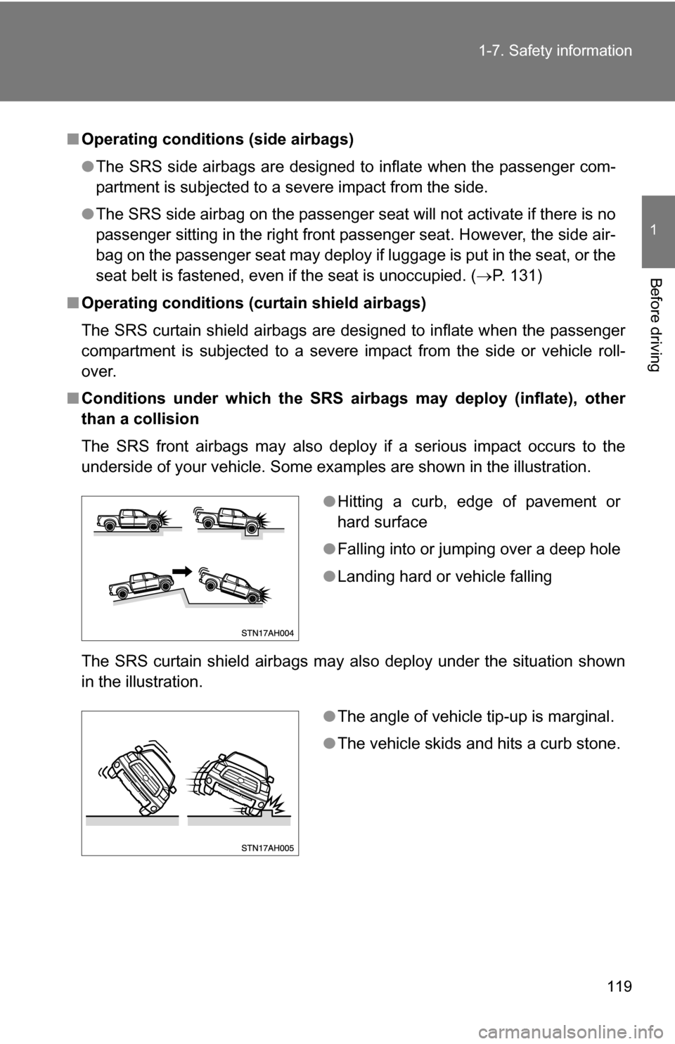 TOYOTA TUNDRA 2009 2.G Owners Manual 119
1-7. Safety information
1
Before driving
■
Operating conditions (side airbags)
●The SRS side airbags are designed to inflate when the passenger com-
partment is subjected to a severe impact fr