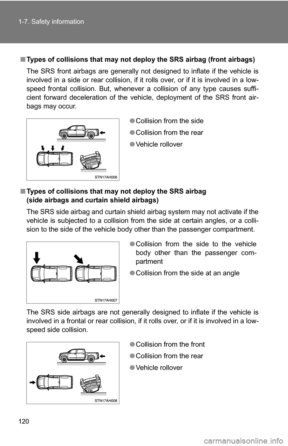 TOYOTA TUNDRA 2009 2.G Owners Manual 120 1-7. Safety information
■Types of collisions that may not depl oy the SRS airbag (front airbags)
The SRS front airbags are generally not  designed to inflate if the vehicle is
involved in a side