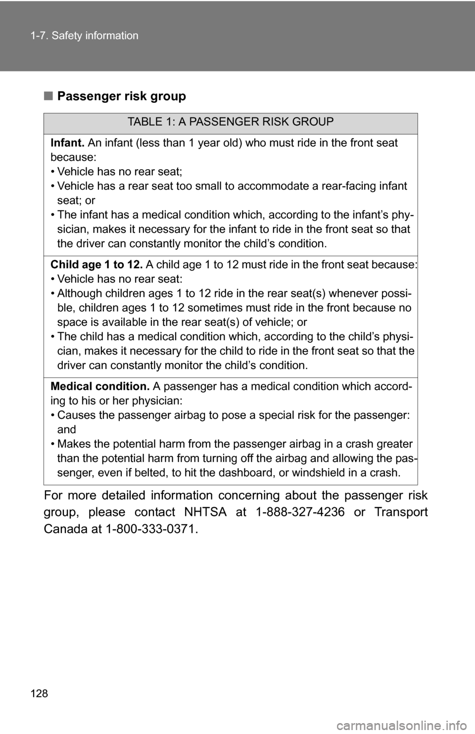 TOYOTA TUNDRA 2009 2.G Owners Manual 128 1-7. Safety information
■Passenger risk group
For more detailed information conc erning about the passenger risk
group, please contact NHTSA at 1-888-327-4236 or Transport
Canada at 1-800-333-03