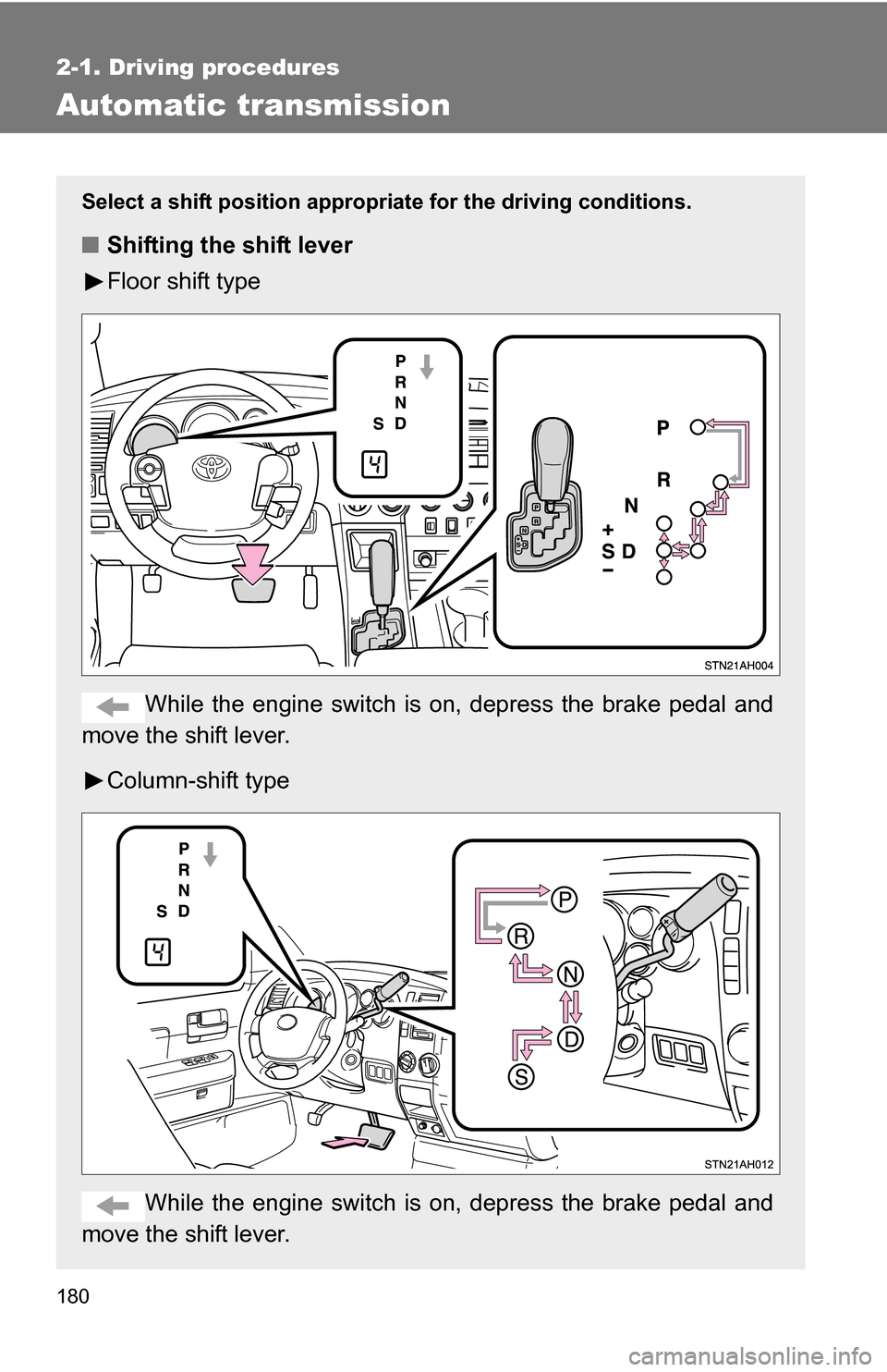 TOYOTA TUNDRA 2009 2.G Owners Manual 180
2-1. Driving procedures
Automatic transmission
Select a shift position appropriate for the driving conditions.
■Shifting the shift lever
Floor shift type
While the engine switch is  on, depress 