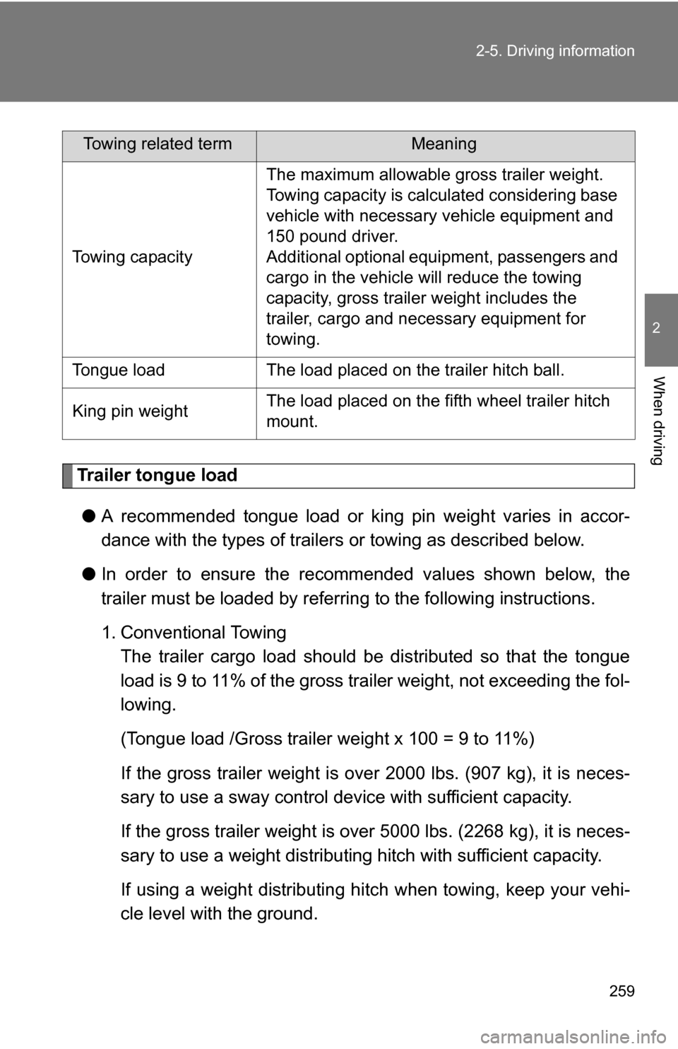 TOYOTA TUNDRA 2009 2.G Owners Manual 259
2-5. Driving information
2
When driving
Trailer tongue load
● A recommended tongue load or king pin weight varies in accor-
dance with the types of trailers or towing as described below.
● In TOYOTA TUNDRA 2009 2.G Owners Manual 259
2-5. Driving information
2
When driving
Trailer tongue load
● A recommended tongue load or king pin weight varies in accor-
dance with the types of trailers or towing as described below.
● In