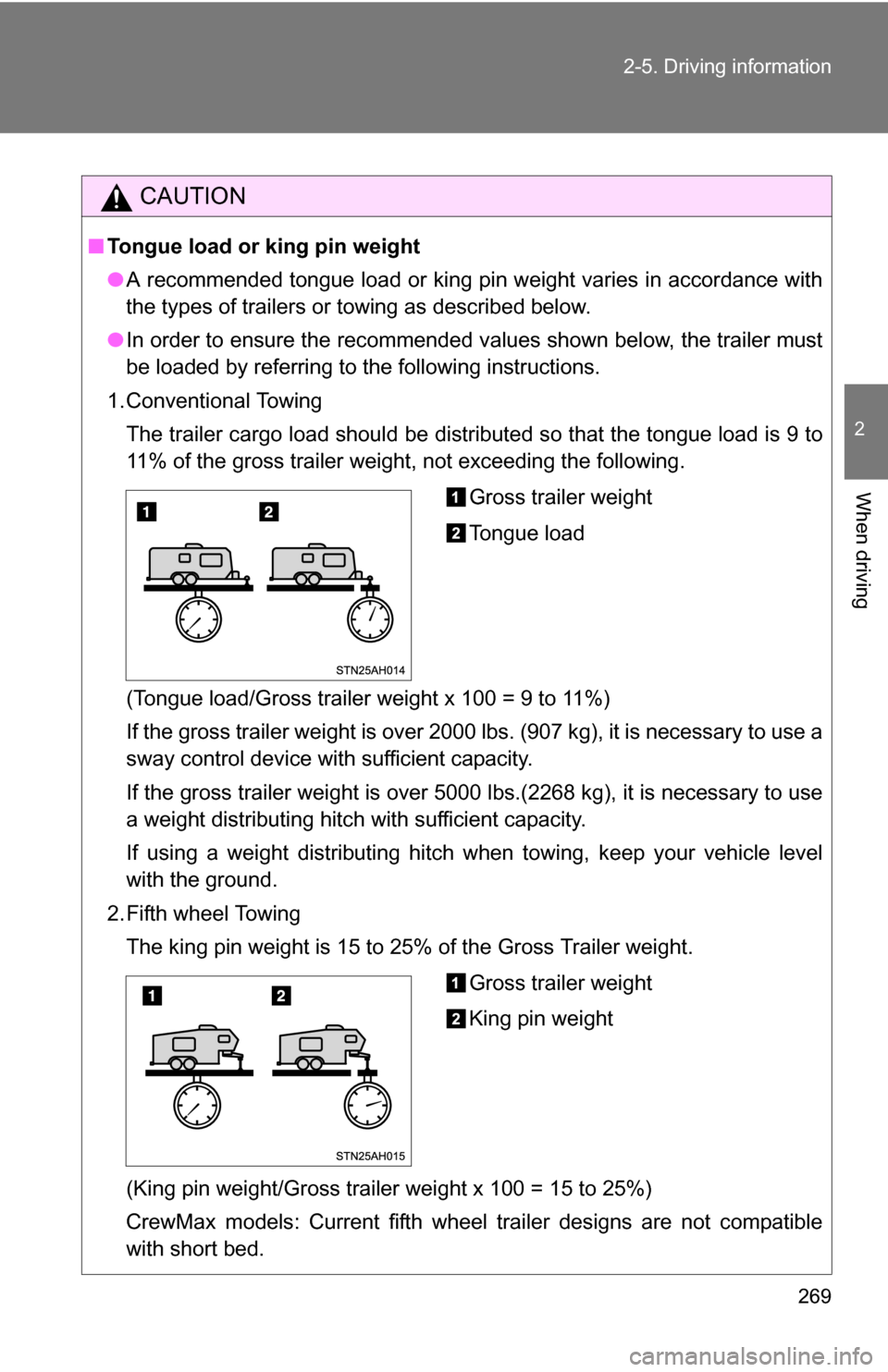 TOYOTA TUNDRA 2009 2.G Owners Manual 269
2-5. Driving information
2
When driving
CAUTION
■
Tongue load or king pin weight
●A recommended tongue load or king pin weight varies in accordance with
the types of trailers or towing as desc