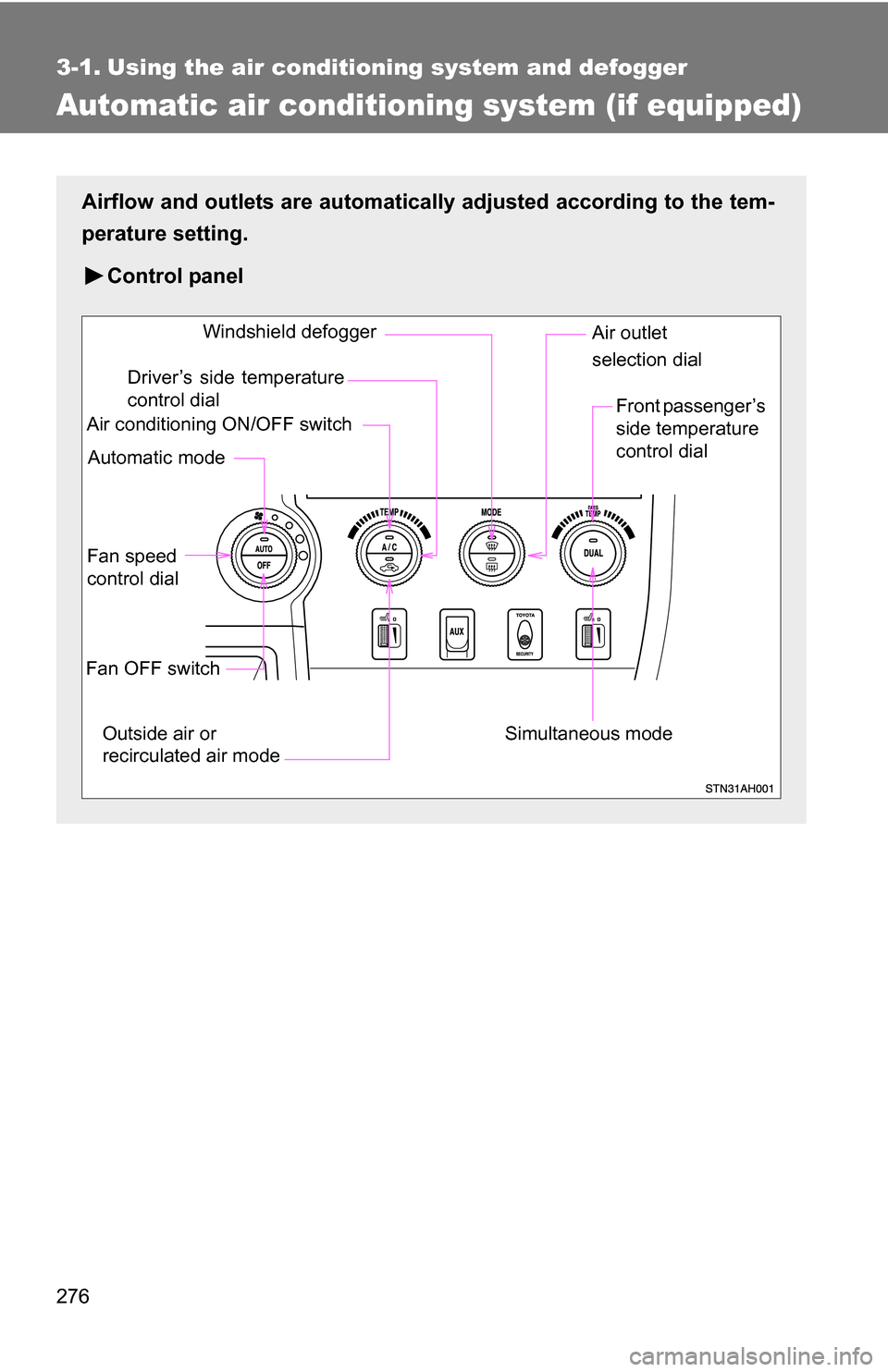 TOYOTA TUNDRA 2009 2.G Owners Manual 276
3-1. Using the air conditioning system and defogger
Automatic air conditioning system (if equipped)
Airflow and outlets are automatically adjusted according to the tem-
perature setting.
Control p