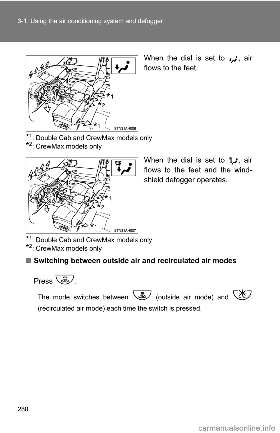 TOYOTA TUNDRA 2009 2.G Owners Manual 280 3-1. Using the air conditioning system and defogger
When the dial is set to  , air
flows to the feet.
*1: Double Cab and CrewMax models only
*2: CrewMax models only
When the dial is set to  , air
